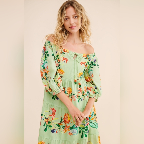 Farm Rio x Anthropologie Off-The-Shoulder Tiered Floral Midi Dress (XXS) - Picture 8 of 15